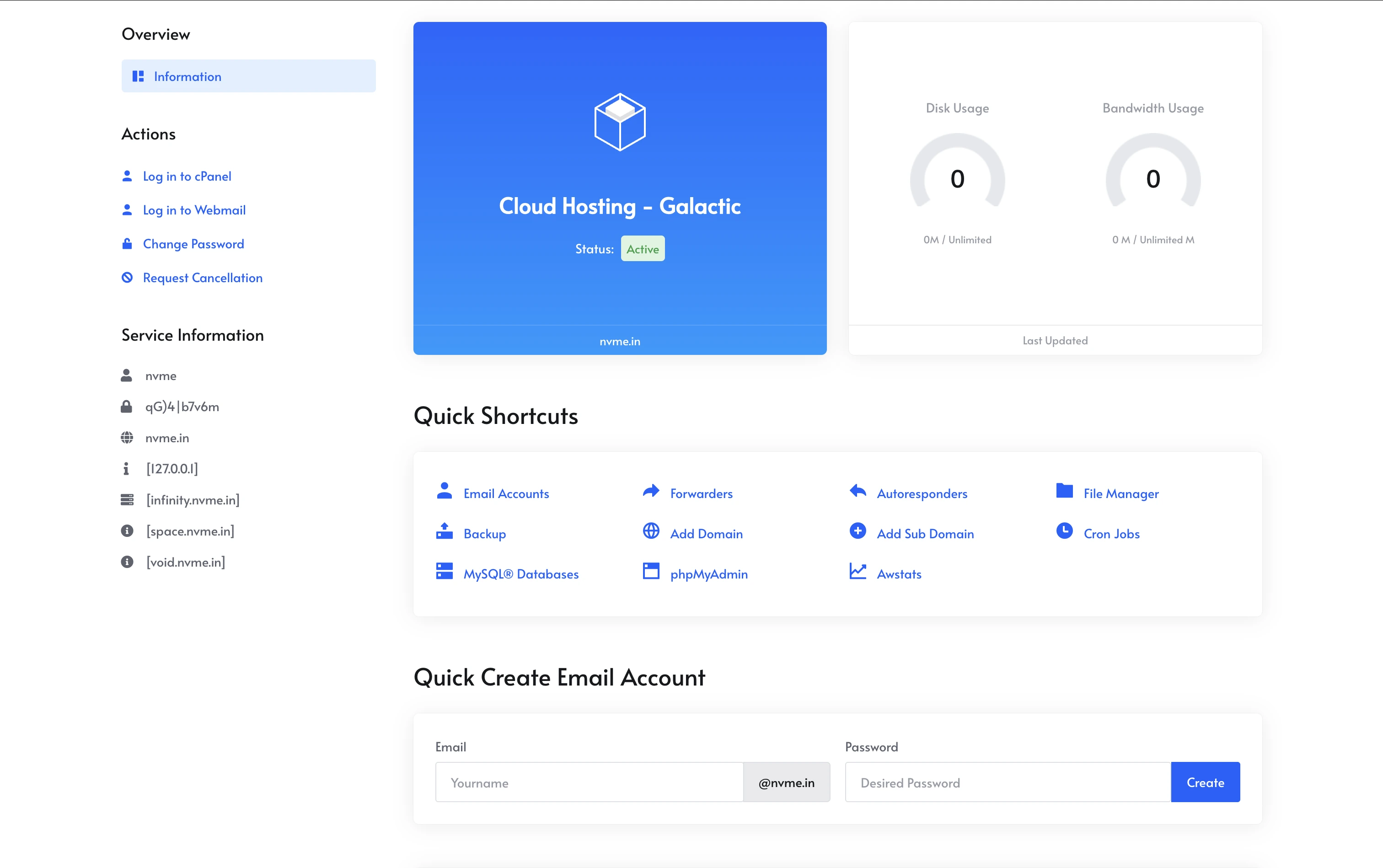 Screenshot of a modern hosting control panel dashboard
